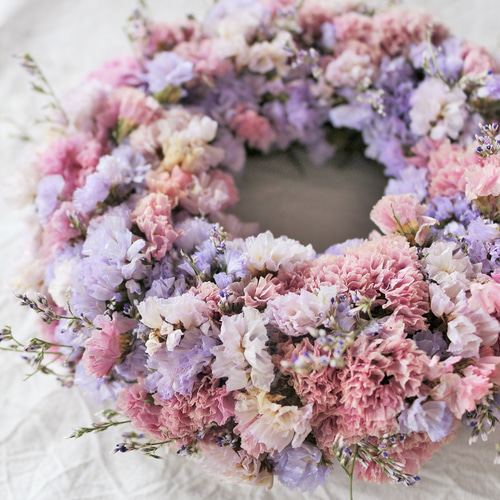 ラッピング無料❍ピンクパープルのもこもこリース/スターチス ドライ