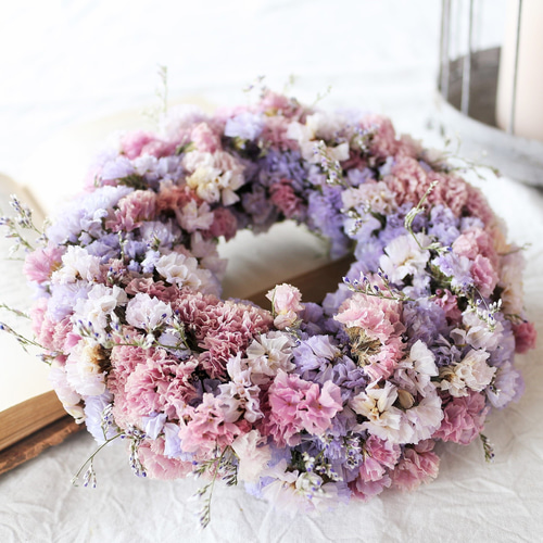 ラッピング無料❍ピンクパープルのもこもこリース/スターチス ドライ