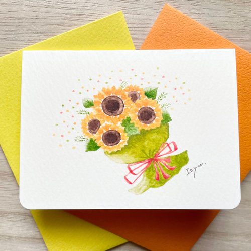透明水彩画 ミニカード「ひまわりの花束」イラスト バースデーカード