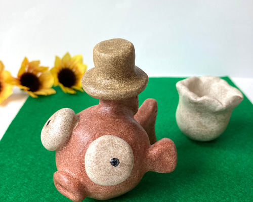 陶芸の置物 夏！おとぼけ金魚のお出かけセット 金魚鉢とカンカン帽子 玄関