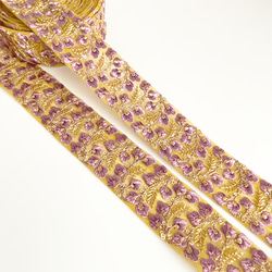 [ 319 ] 黄色 紫 総柄 花柄 幅:5cm インド刺繍 リボン 2枚目の画像