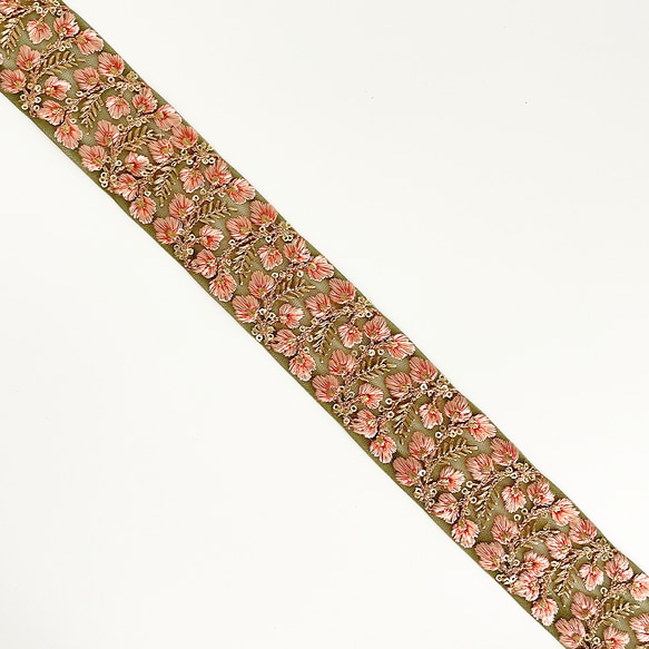 [ 323 ] カーキ ピンク 総柄 花柄 幅:5cm インド刺繍 リボン 3枚目の画像