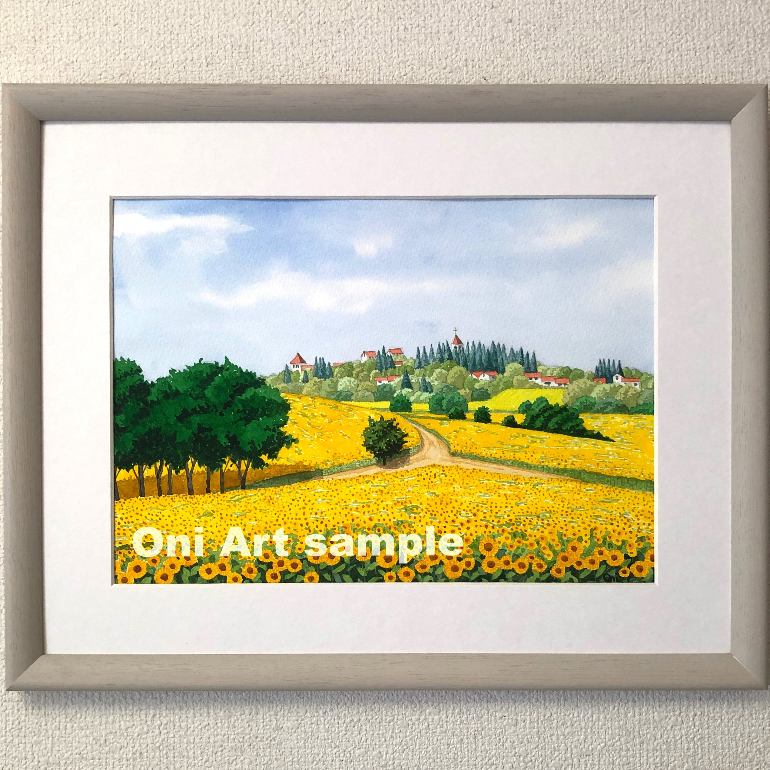 注目ショップ・ブランドのギフト ひまわりの丘05」透明水彩画 原画 風景画 額縁付 F4サイズ 絵画 絵画