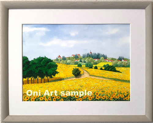ひまわりの丘05」透明水彩画 原画 風景画 額縁付 F4サイズ 絵画