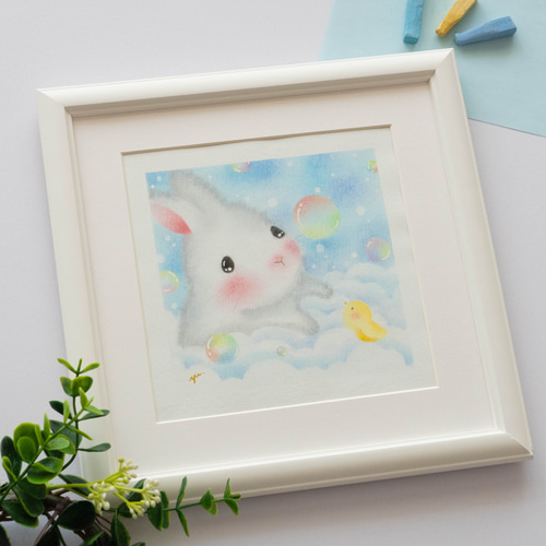 原画】「アワアワうさぎ」 パステルアート ペット ひよこ