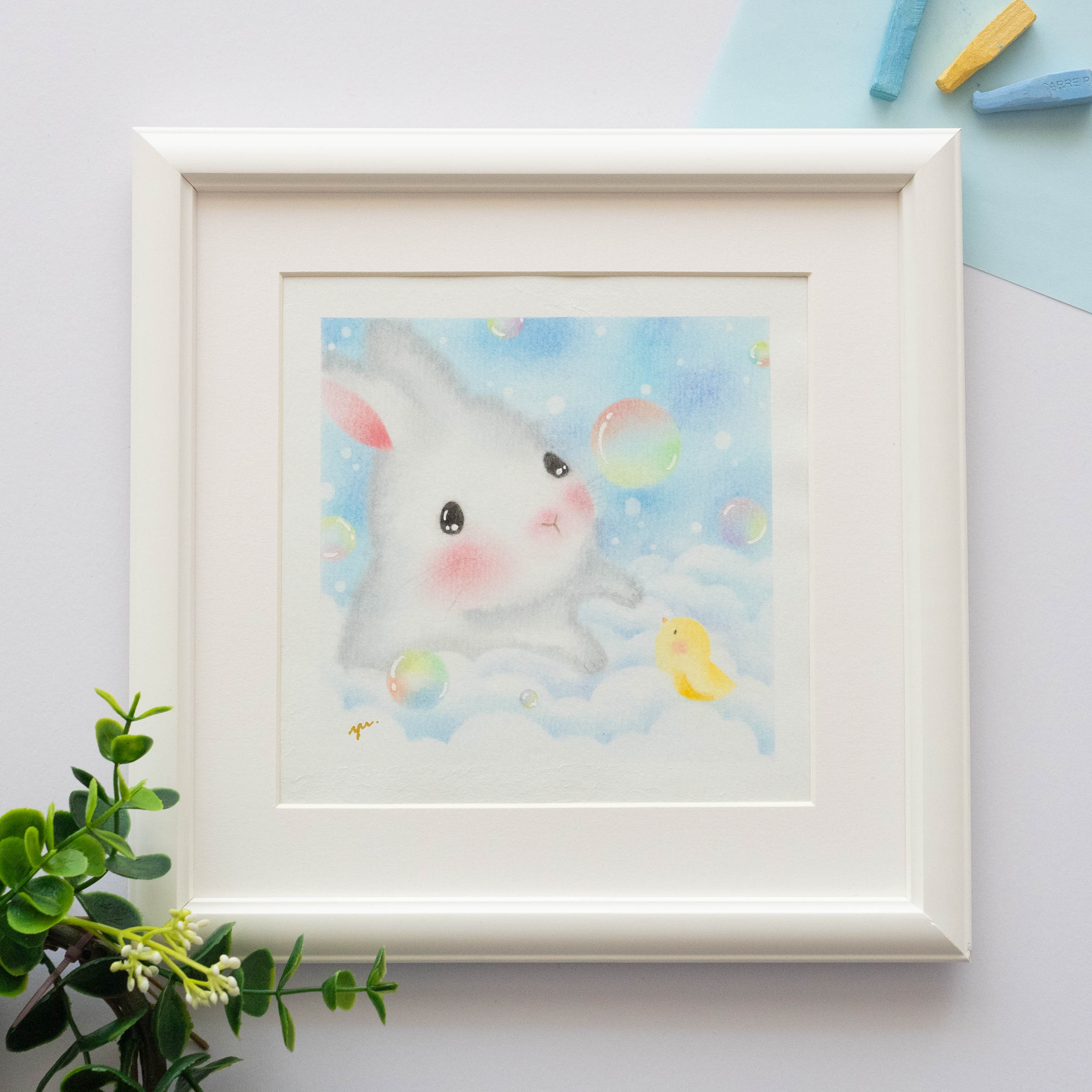 happy rabbit ハンドメイドパステル画 絵画アート原画