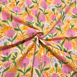 [50cm單位]沙黃色粉紅色絨毛印度手工塊印花布料紡織棉 第1張的照片