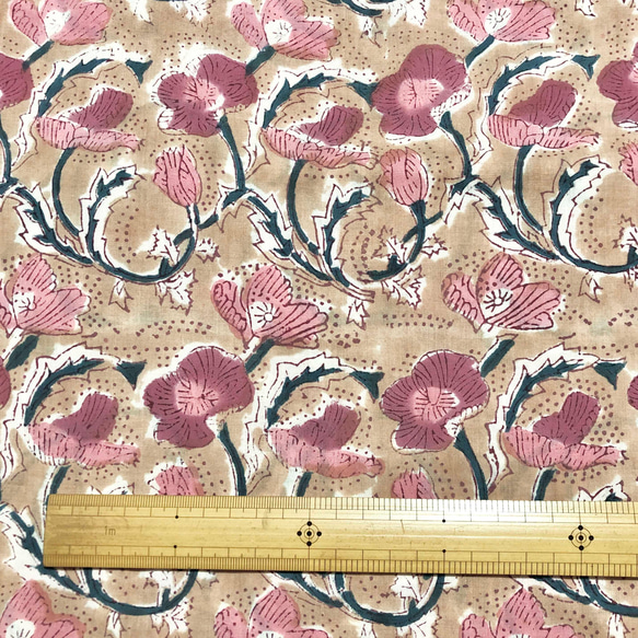 【50公分單位】米色栗色花朵印度手工版畫布料紡織棉 第6張的照片