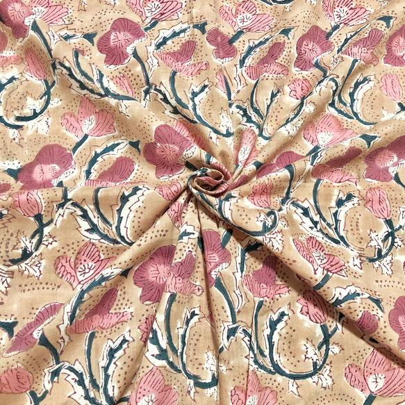 【50公分單位】米色栗色花朵印度手工版畫布料紡織棉 第1張的照片