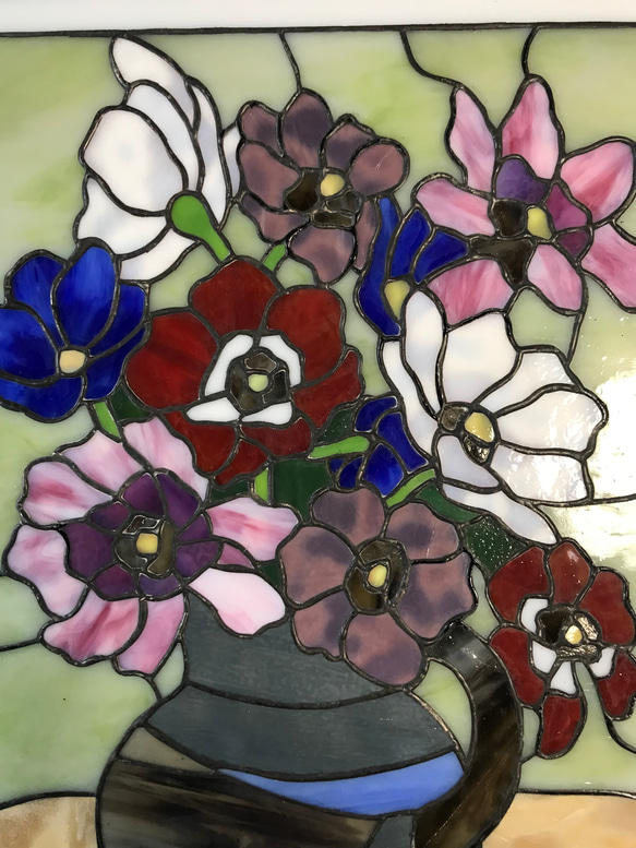 ステンドグラス　高級アートパネル　インテリア壁掛け（Ap-67.ポピー花瓶） 3枚目の画像