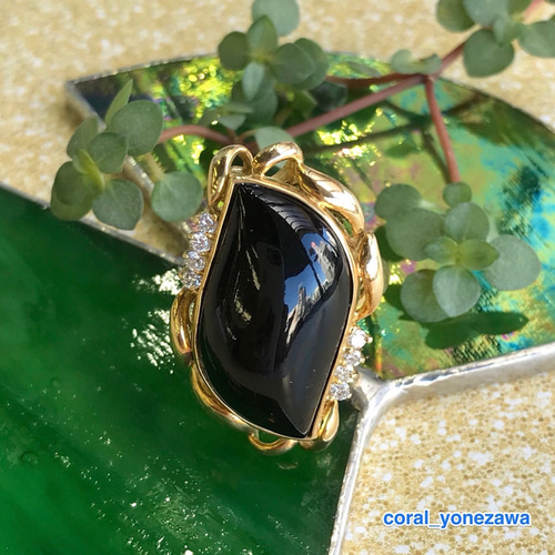黒珊瑚の指輪 K18 D0.22 シックでゴージャス 大人の指輪 R50609Y2 指輪