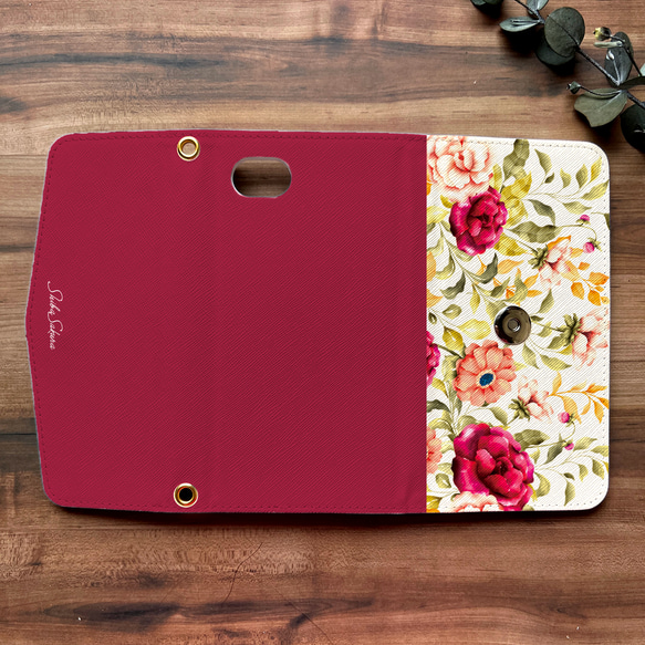 秋バラとコスモスの三つ折り手帳型スマホケース（レッド） 全機種対応 スマホケース iphone Android 3枚目の画像