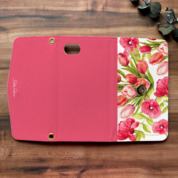 チューリップの三つ折り手帳型スマホケース（フューシャピンク） 全機種対応 スマホケース iphone Android 花 3枚目の画像
