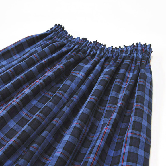 【晴れやかブルー2024】ふんわりとギャザーが広がる ダブルガーゼ スカート（ブルーチェック）ポケット 青 春 夏 8枚目の画像