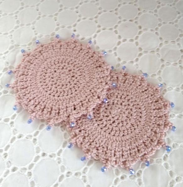 コットン糸ビーズ飾りコースター ピンク 2枚セット 2枚目の画像