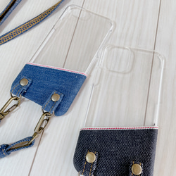 岡山牛仔布透明智慧型手機保護套帶智慧型手機肩布邊（靛藍、淺靛藍） 第2張的照片