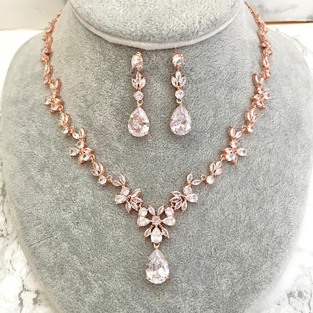 juri rosegold ジルコニア ネックレス&ピアスセット ゴールド ブライダルアクセサリー 結婚式