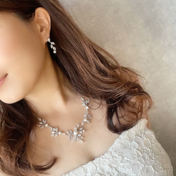 Jardin ジルコニアブライダルネックレス&ピアスセット ブライダルアクセサリー 結婚式 シルバー 2枚目の画像