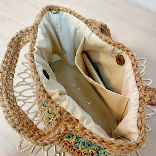 麻紐バッグ かごバッグ かすり染めのエコアンダリヤで模様編み かご  