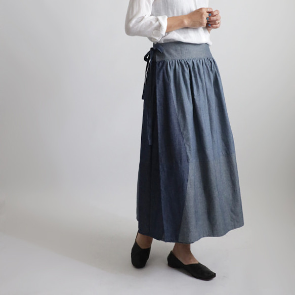 ⁑最終ＳＡＬＥ  巻き巻く愉快なパッチワーク巻きスカート　ポケット付　甘織デニム コットンシャンブレー　フリーY99W 4枚目の画像