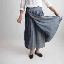 ⁑最終ＳＡＬＥ  巻き巻く愉快なパッチワーク巻きスカート　ポケット付　甘織デニム コットンシャンブレー　フリーY99W 2枚目の画像