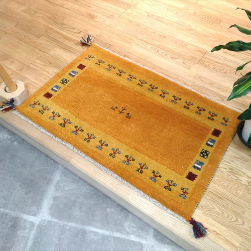 ペルシャ ギャッベ 玄関マット 58×90cm 希少な横柄 黄色 黄金色