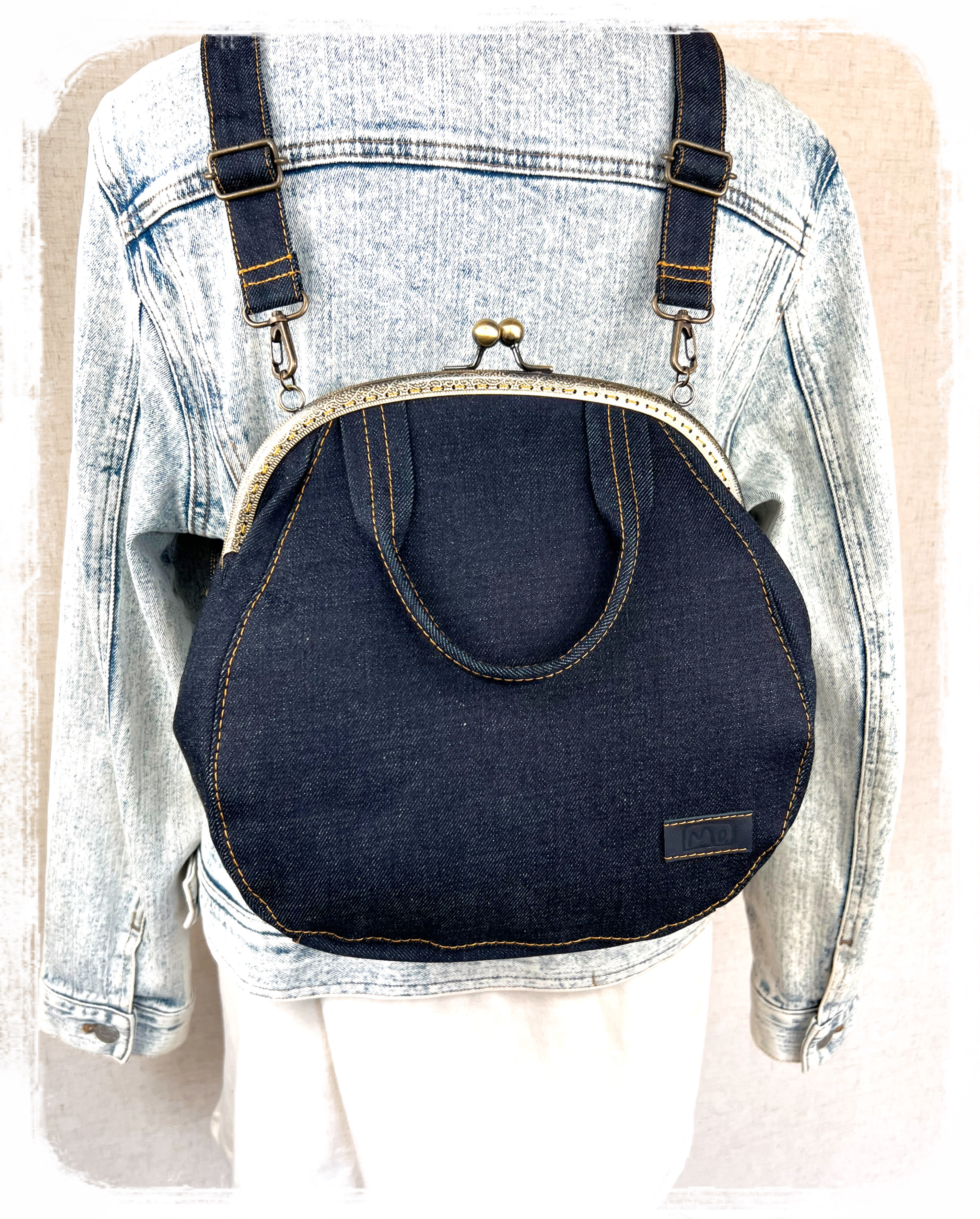 60.受注制作/送料込 3waybag デニム25cmがま口リュック&ショルダー ＆ボストン