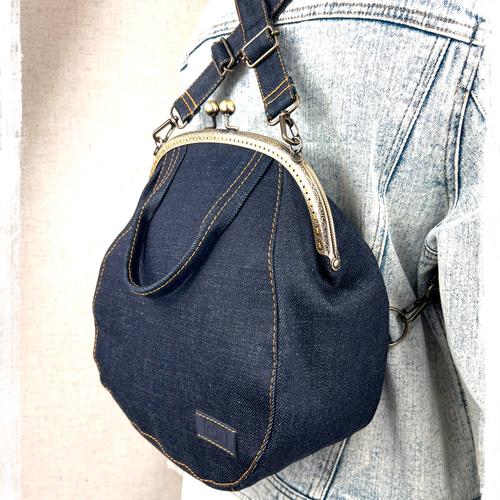 60.受注制作/送料込 3waybag デニム25cmがま口リュック&ショルダー