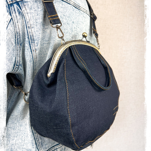 60.受注制作/送料込 3waybag デニム25cmがま口リュック&ショルダー