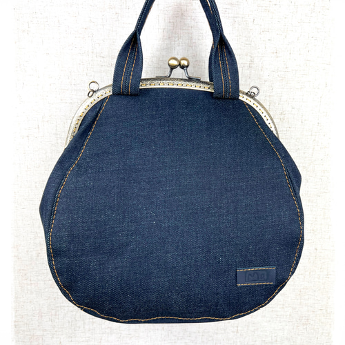 A-koo『受注製作』デニム柄☆グレー☆あおり付きがま口バッグ 60.受注制作/送料込 3waybag デニム25cmがま口リュック
