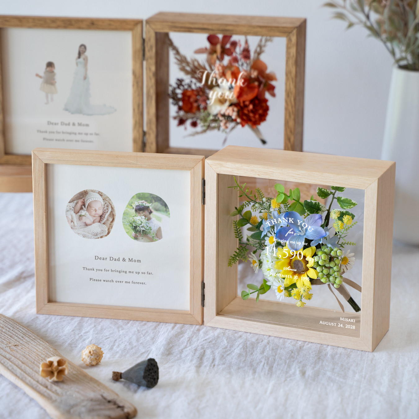 【両親贈呈品】アーティフィシャルフラワー花束の両面クリア スクエアボックス 全5色【子育て感謝状・還暦祝い・結婚記念】