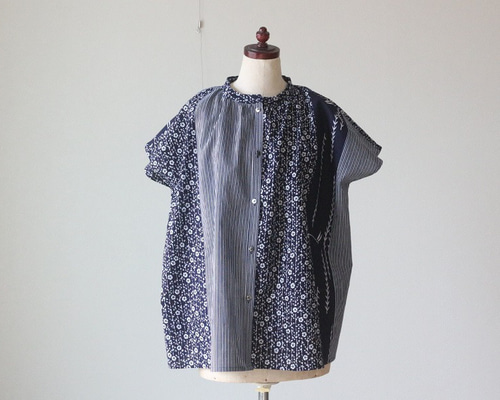 着物リメイク 朝顔とトンボ浴衣合せスタンドカラーギャザー