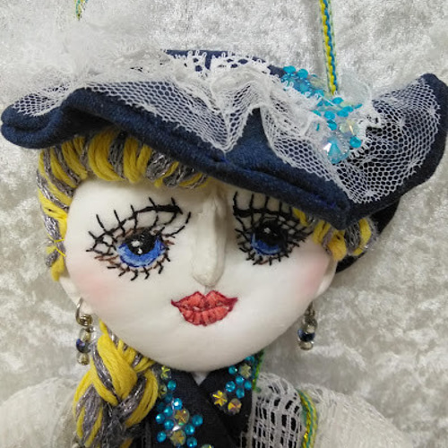 壁掛けドール』創作人形 小物入れを持つレディー デニム 刺繍 オシャレ