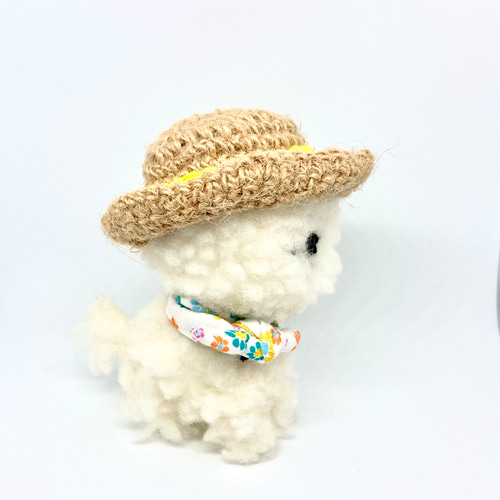 小さい麦わらモフ犬(黄色系の花柄スカーフ) ぬいぐるみ