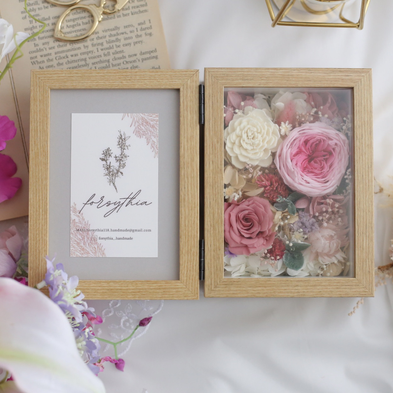 大人可愛いピンクミルフィールローズのフォトフレーム　子育て感謝状　両親贈呈品　結婚祝い　出産祝い