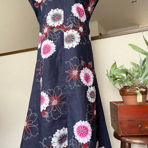 くすみ水色 ❁浴衣リメイク蝶々柄Aラインフレアーロングワンピース