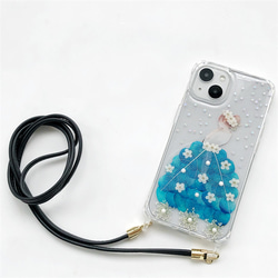 青いドレス スマホショルダー  押し花ケース iPhone14Pro/SE/ 13 斜め掛け ストラップスマホケース 4枚目の画像