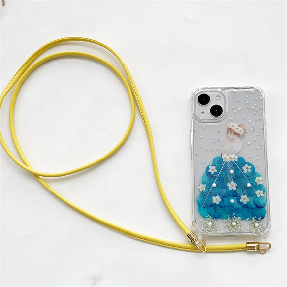 青いドレス スマホショルダー  押し花ケース iPhone14Pro/SE/ 13 斜め掛け ストラップスマホケース 3枚目の画像