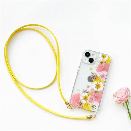 ねこと桜 』スマホショルダー 押し花ケース iPhone15Pro/SE/14