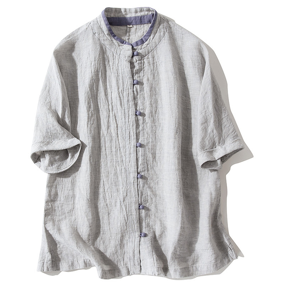 7分袖リネンシャツ　バイカラーTシャツ　水洗いリネンシャツ　ベージュ　S-Lサイズ　L232 1枚目の画像
