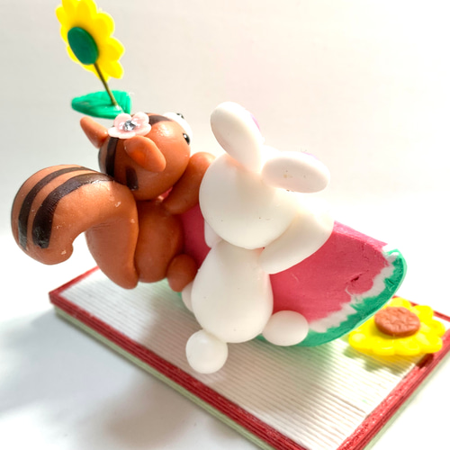 ☆うさぎちゃんとリスっことすいか(受注生産) 樹脂粘土 置物 夏