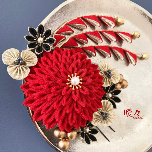 七五三髪飾り 山吹色 赤 白 つまみ細工 成人式 和装 ai （9セット