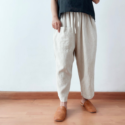 ハンドメイド 夏の白いパンツ♪ リネン 100％ ワイドパンツ M～ Lサイズ