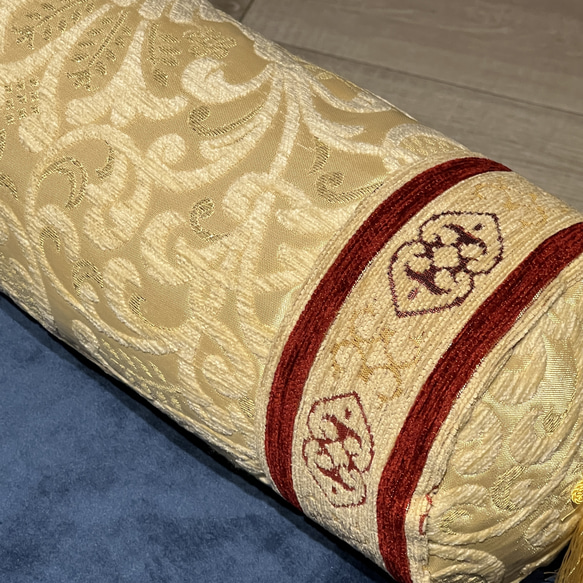 オスマンデザイン調　シュニール織筒型クッションカバー<中綿付 >アイボリー 5枚目の画像