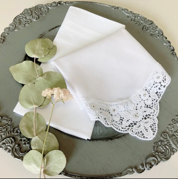 ハンカチ 結婚式 白 レース ストーン ブライダルハンカチ