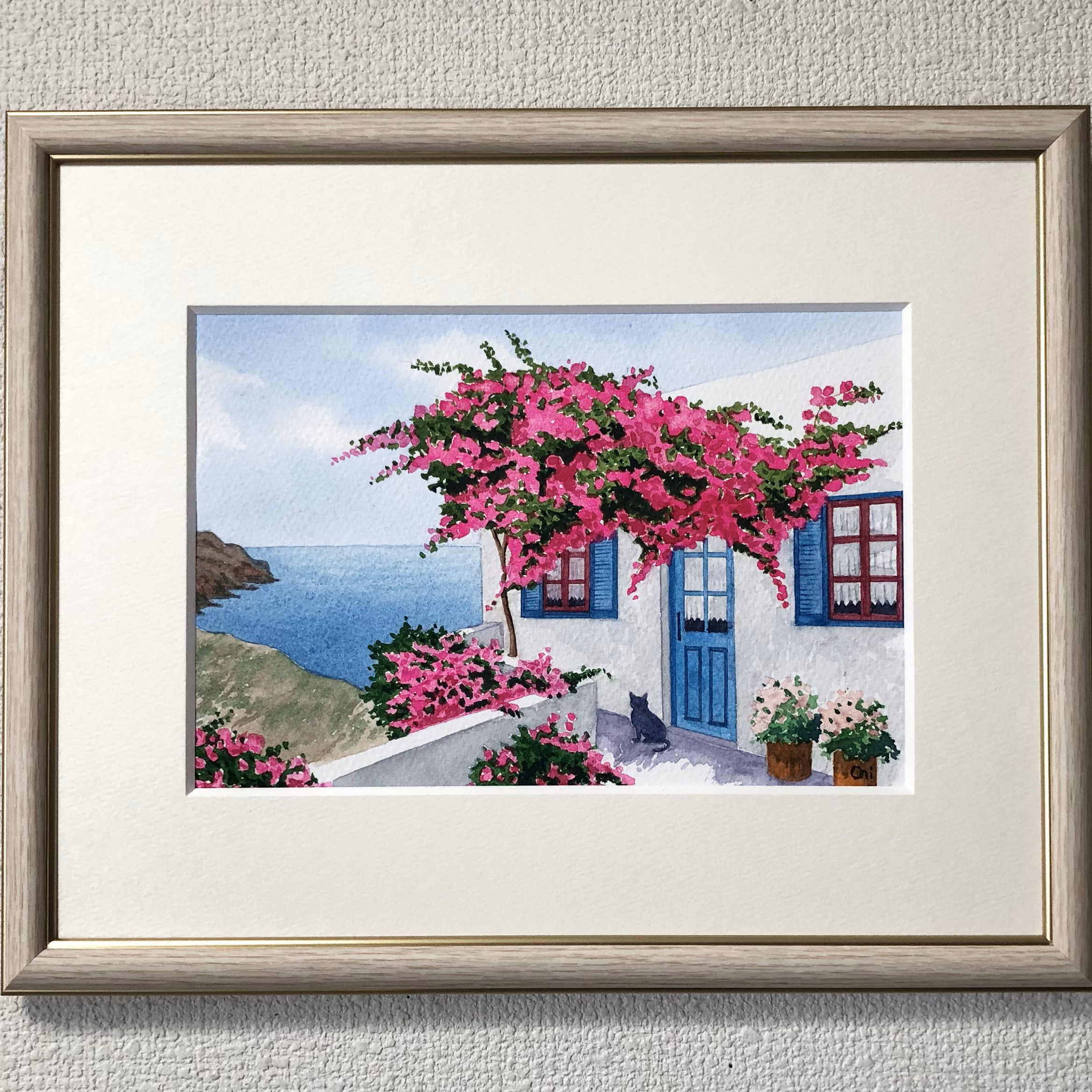 透明水彩画　原画　「エーゲ海とブーゲンビリア」額縁付　F4サイズ　風景画 エーゲ海とブーゲンビリア」透明水彩画 原画 風景画 額縁付 F4