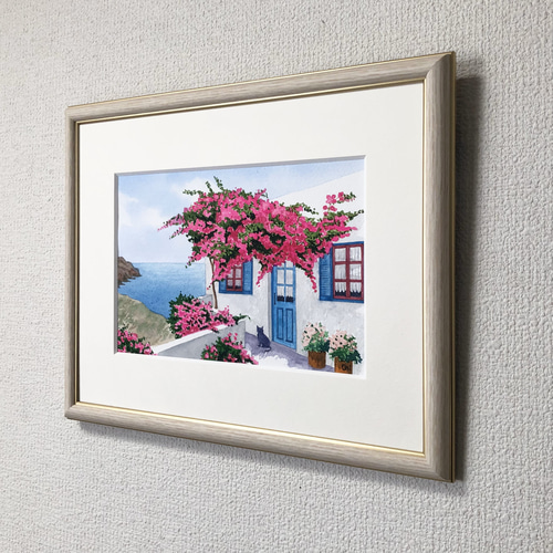 エーゲ海とブーゲンビリア05」透明水彩画 原画 風景画 額縁付 SM