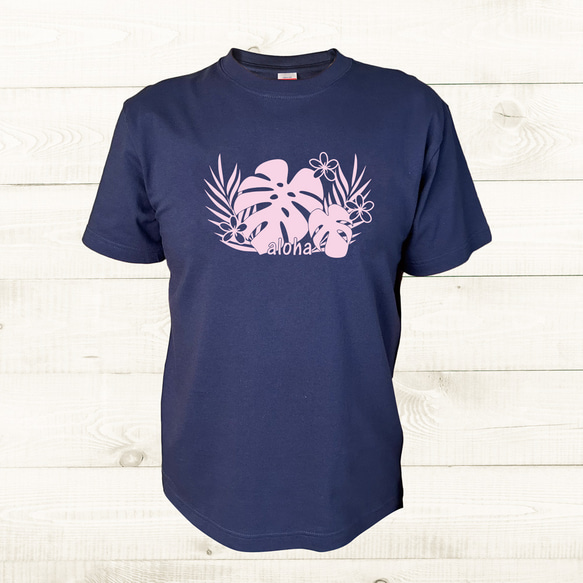 ハワイアンデザインTシャツ ユニセックスサイズ モンステラとプルメリア ヤシリーフイラスト フラダンス フラガール 2枚目の画像