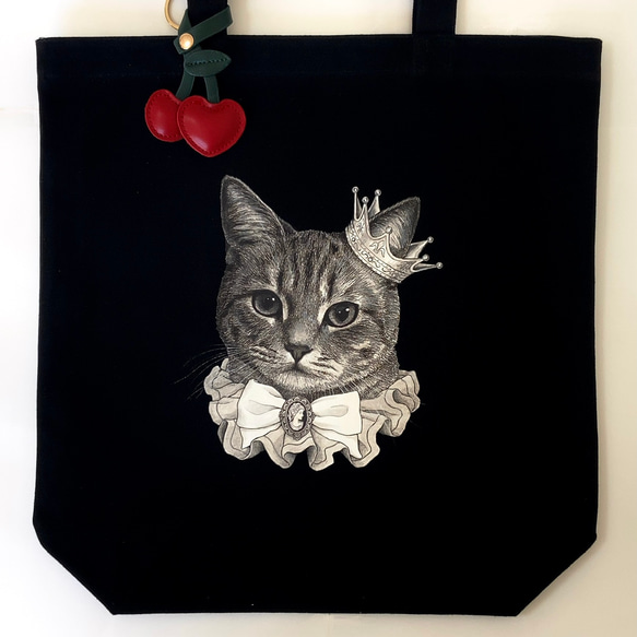 オリジナル トートバッグ 猫 手描き  オリジナルイラスト 鞄  チャーム バッグチャーム 黒 sizeL 2枚目の画像