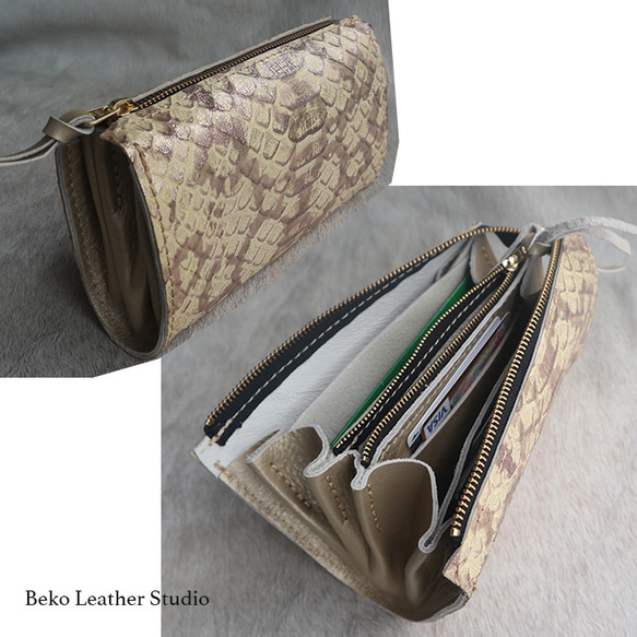 光沢あるパイソン革の長財布/きらきら光る革/LV-パイソンまだら